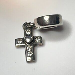PANDORA 925 Silver Vintage Cubic Zirconia Religious Cross Dangle Charm790355CZ
